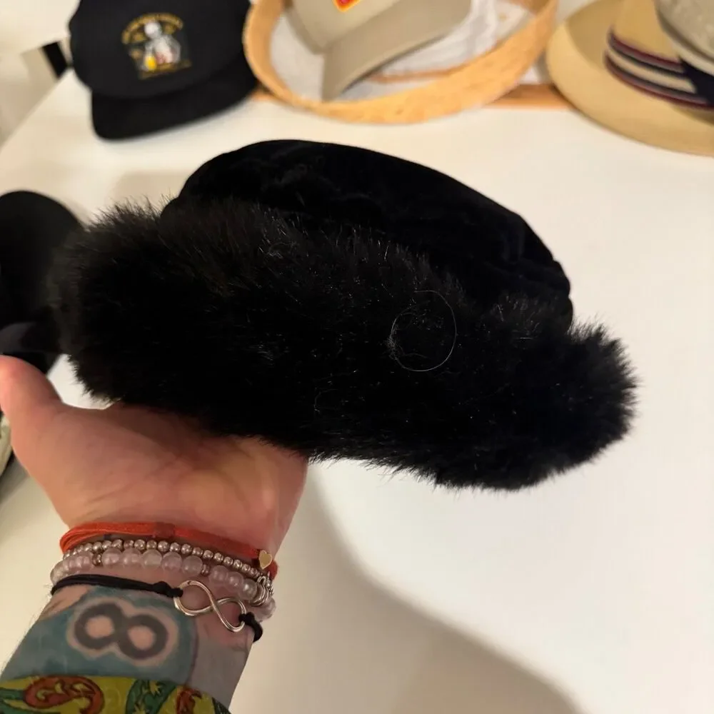 Betmar New York Black Velvet Fluffy Faux Fur Brim Hat bucket Lined